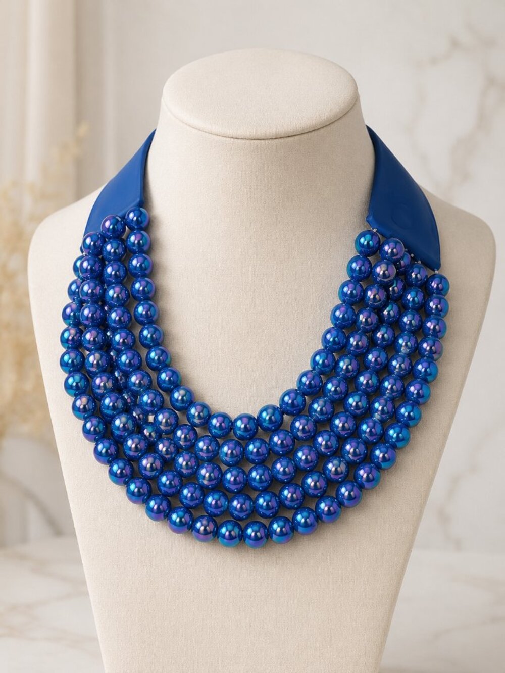 NEW 5 Row SHIMMER Beaded Magnetic Collar Bib Statement Royal Blue Necklace